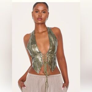 PrettyLittleThing Dark Green Washed Faux Leather Lace Up Plunge Halterneck Top